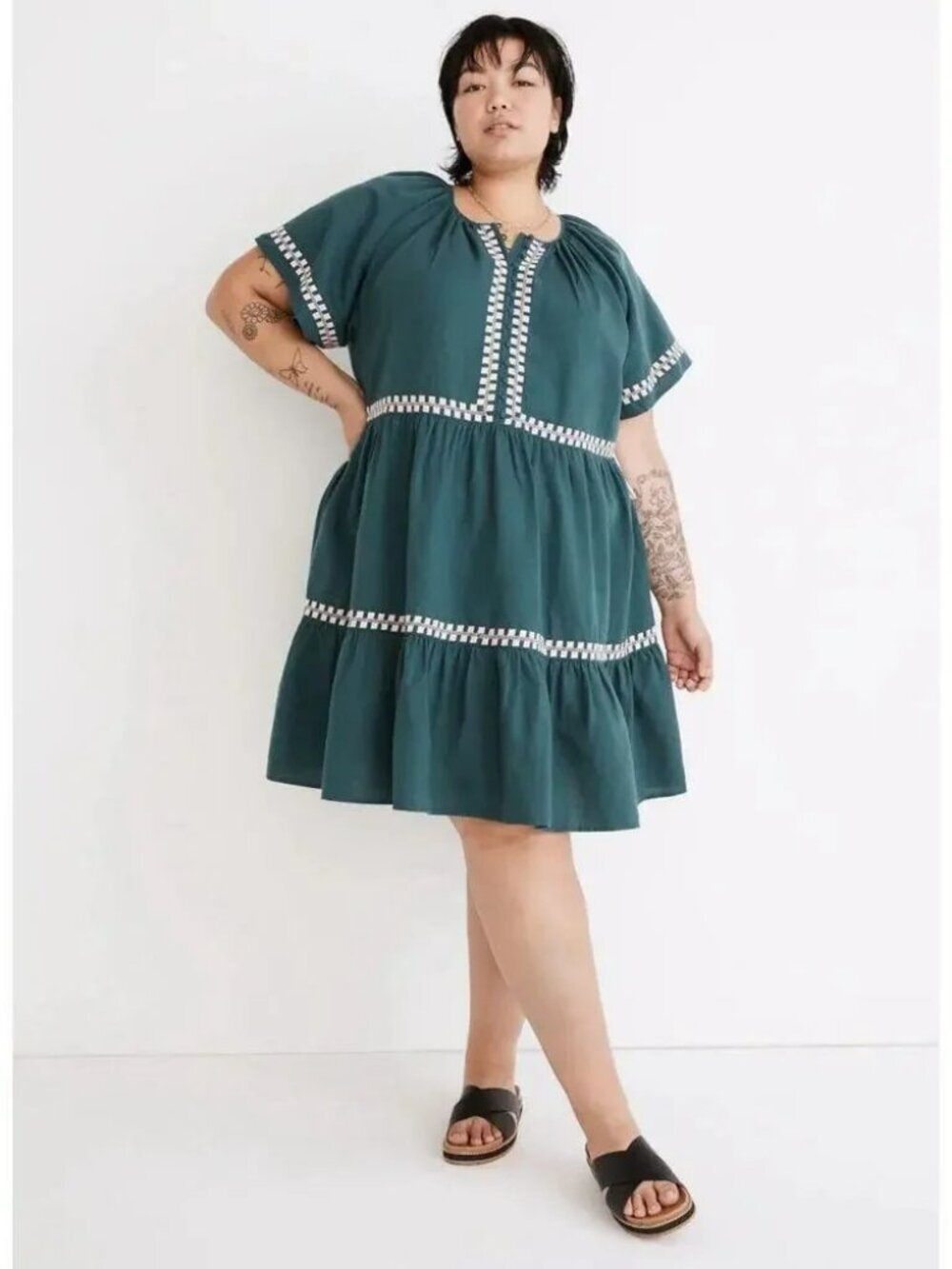 Boho Girly Granola Madewell Teal Tiered Embroidered Short-Sleeve Dress Medium
